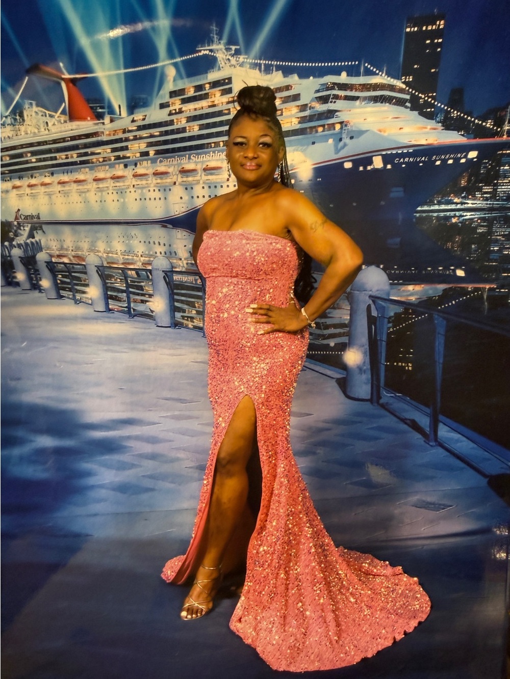 Strapless Pink Sequin Evening Gown with Thigh Slit